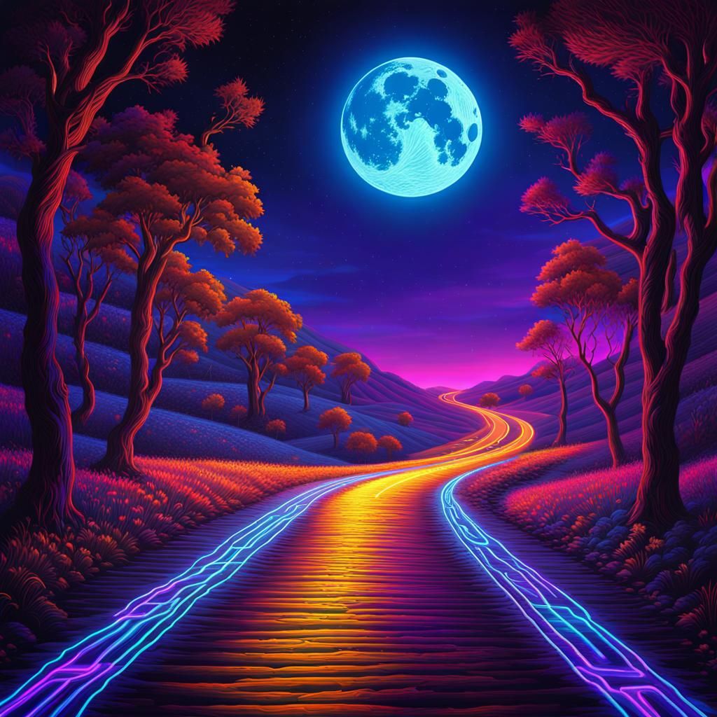 Blacklight Painting luminescent road go the moon