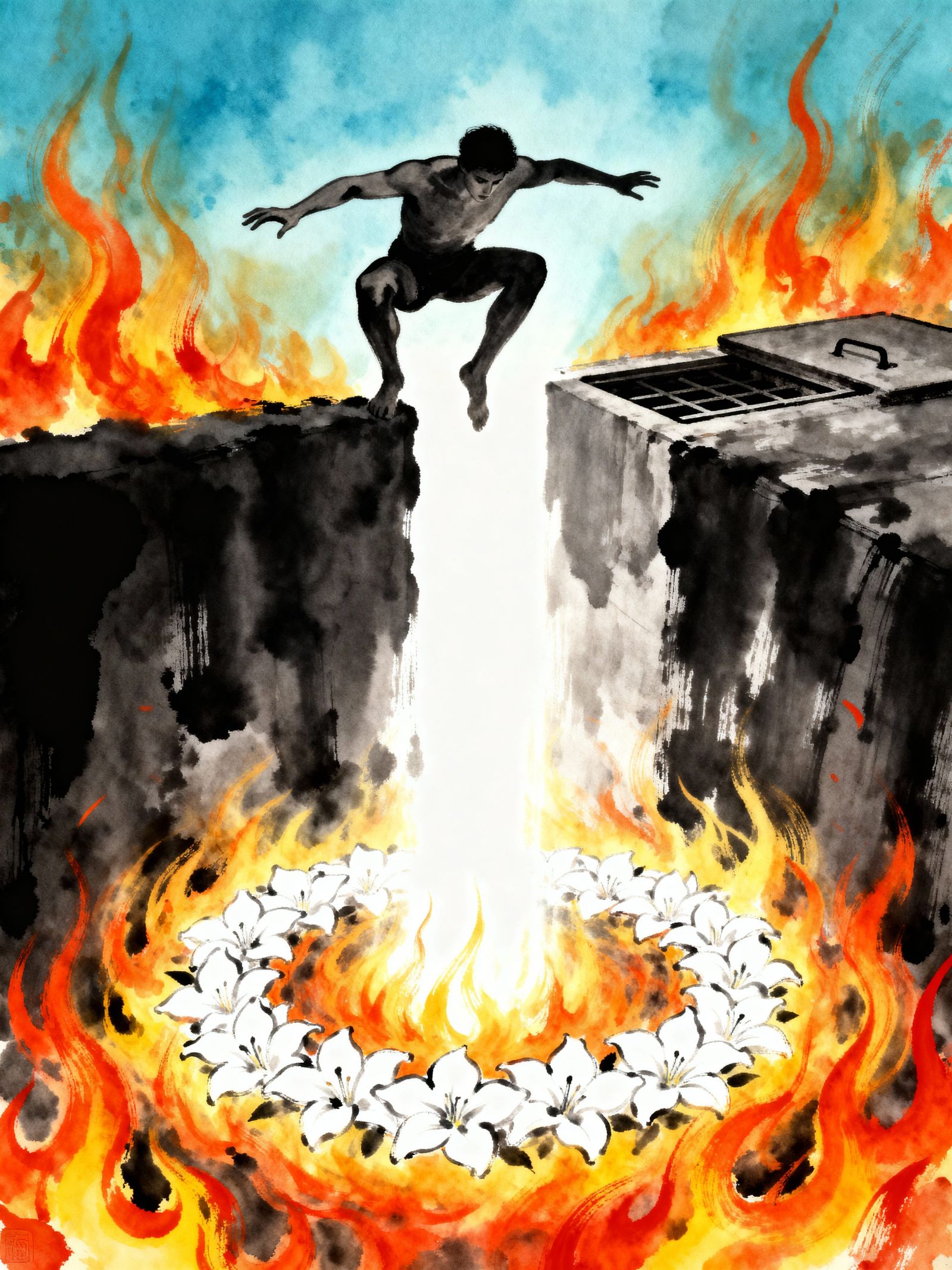 Figure Falls Into Fiery Corona in Ink Painting Style