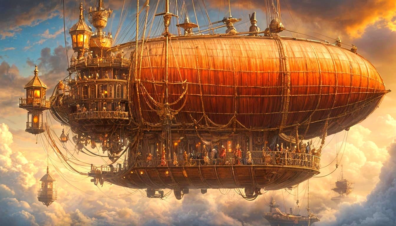 Steampunk Airship in Misty Skies: Hyperrealistic Fantasy