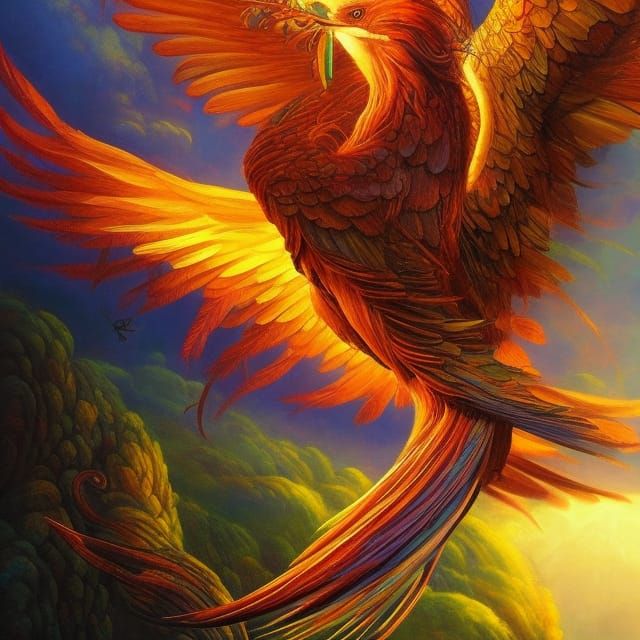 Phoenix in Lush Jungle: Hyper-Realistic Impasto Painting