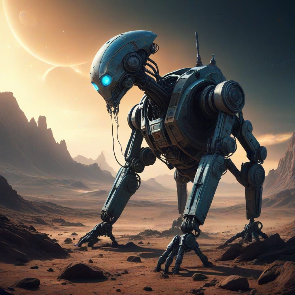 Melancholic Robot on Alien Planet Gazing at Nebula