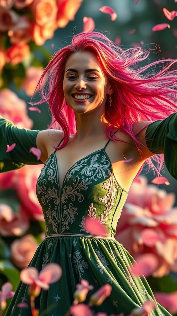 Woman Dancing in Rain with Flowers, Hyper-Realism Style