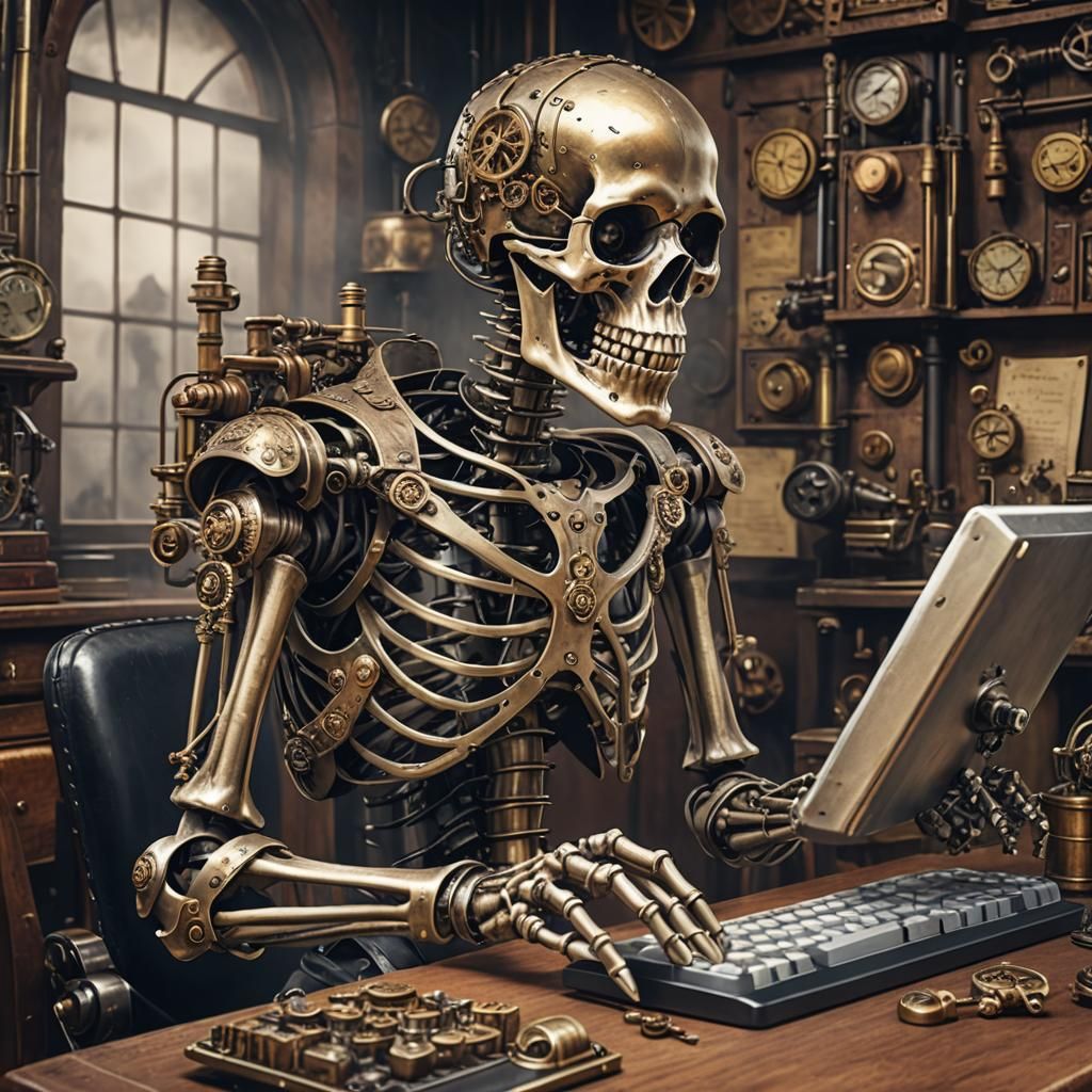 Steampunk Skeleton at Computer Workstation