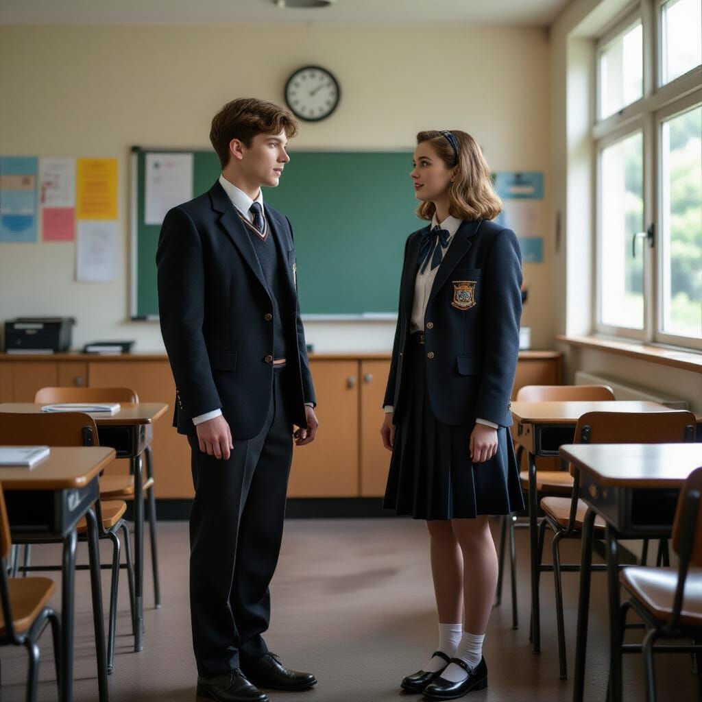 Surprised Couple in Vintage School Uniforms