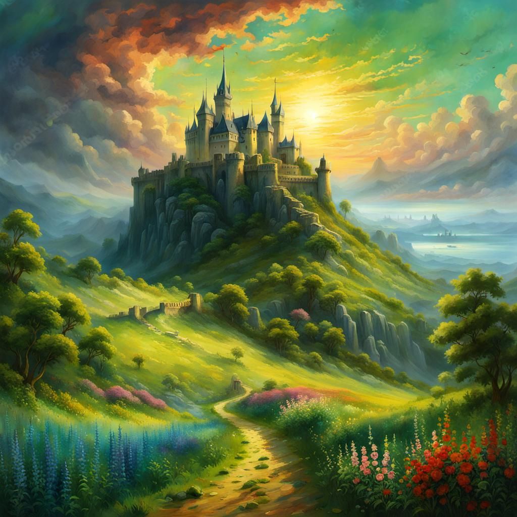 Medieval Castle Illustration in Romantic Naturalism Style