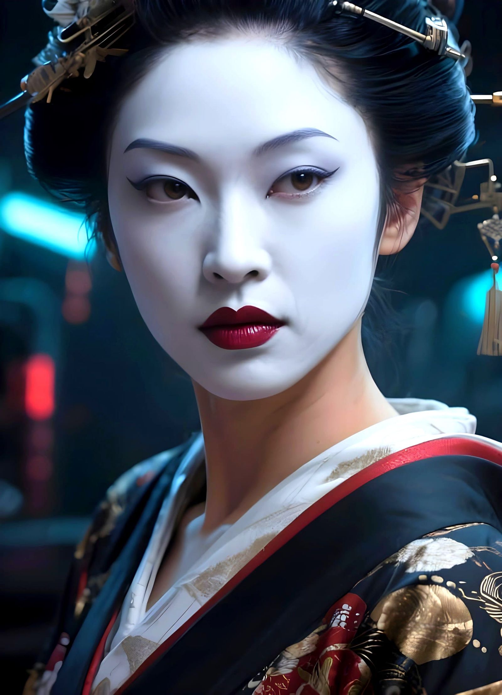 Cyberpunk Geisha Portrait with White Face Paint