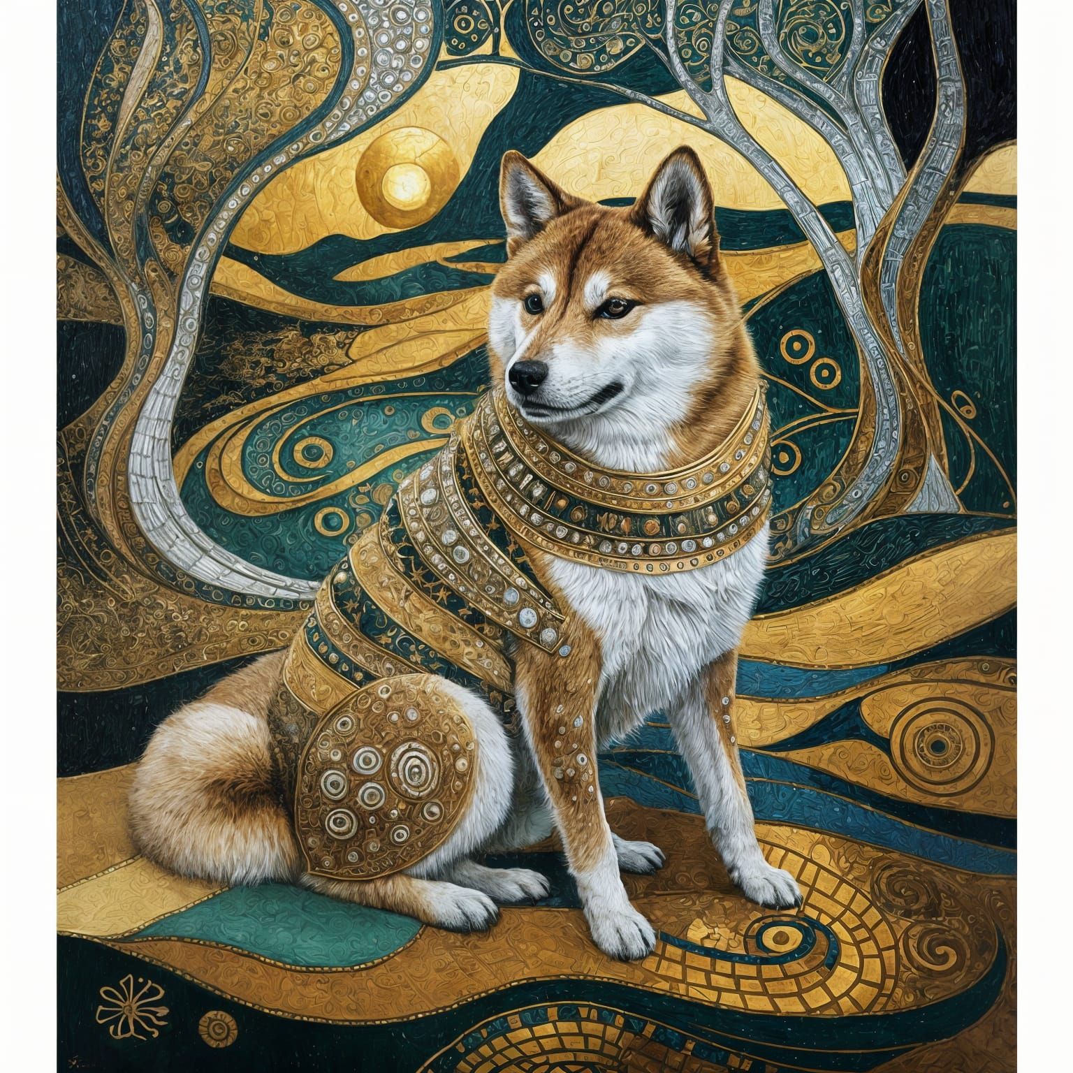 Shiba Inu Dog in Klimt Style Oil Painting