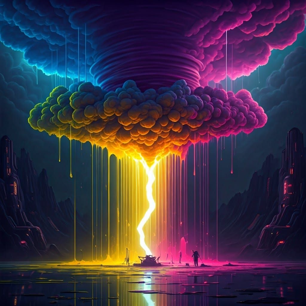 Cyberpunk Clouds Pouring Paint River with Lightning