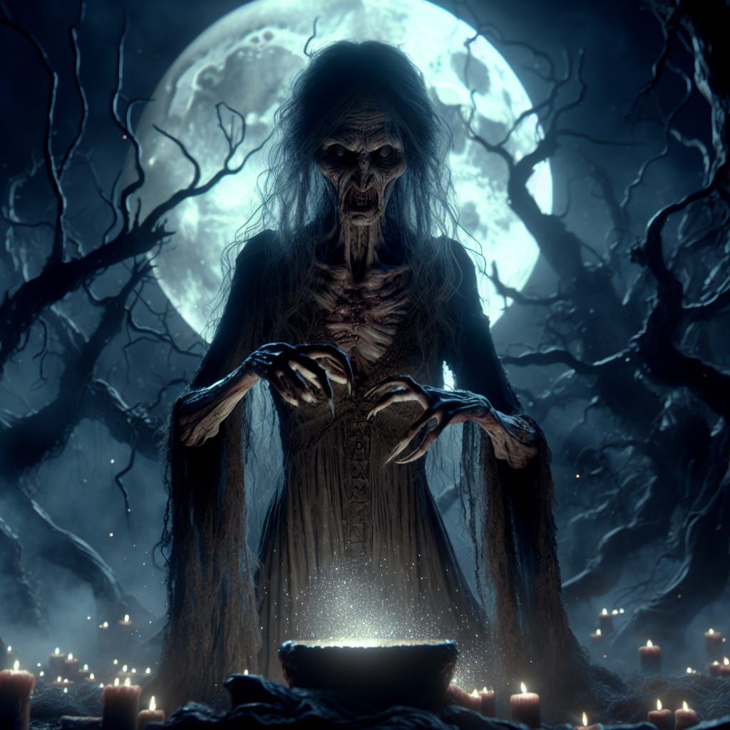 Terrifying Forest Witch Ritual in Dark Fantasy Style