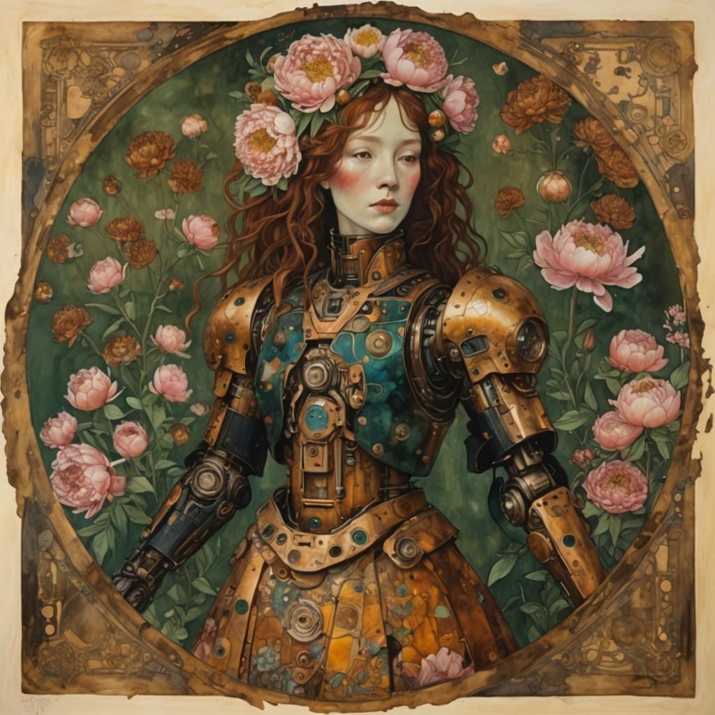 Female Robot with Peonies in Art Nouveau Style