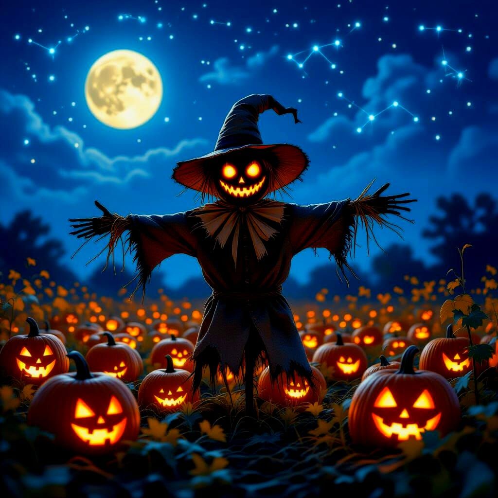 Enchanting Scarecrow in Moonlit Pumpkin Patch - Fantasy Art