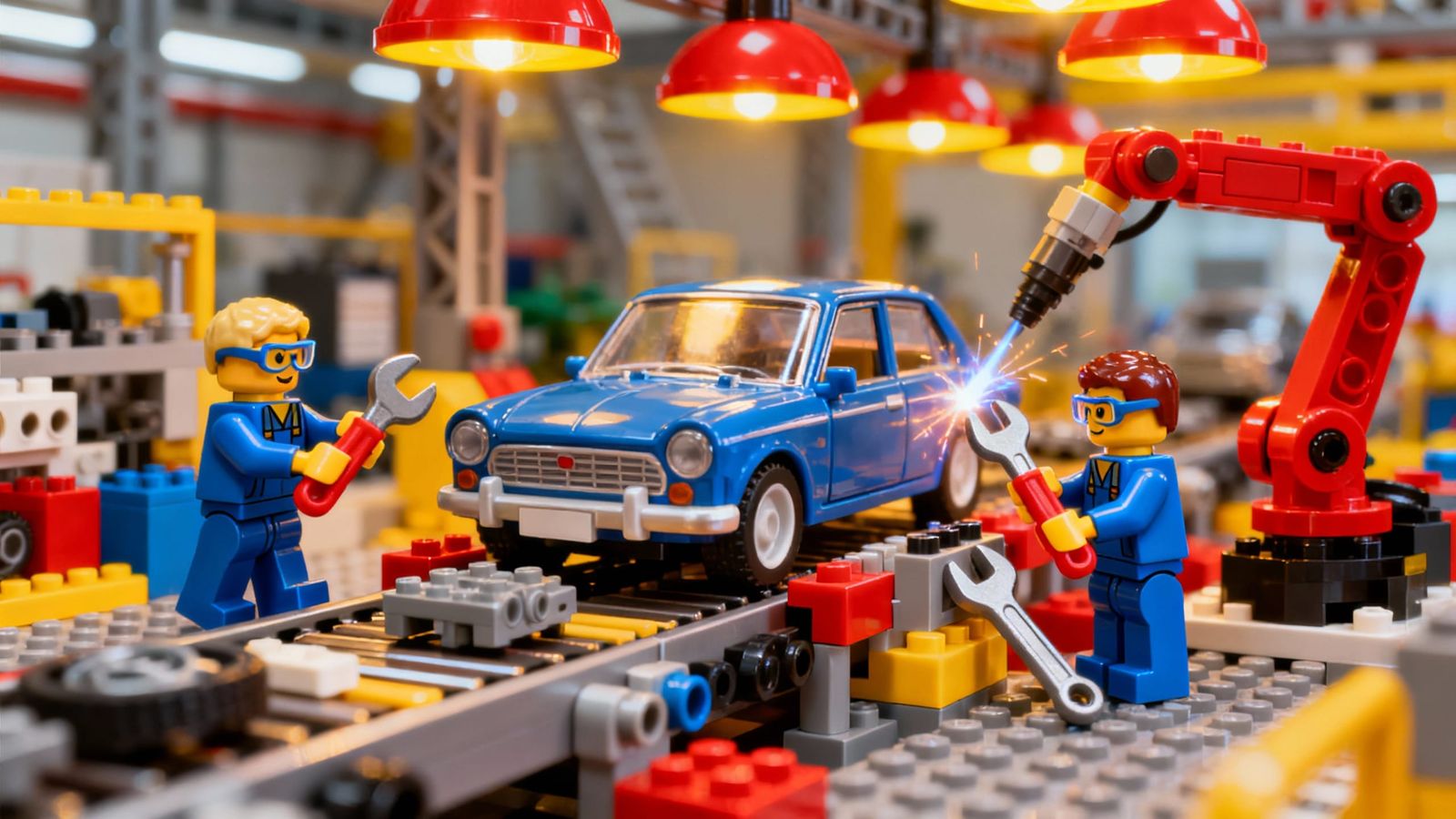 Miniature Workers Build Cars on Lego Assembly Line