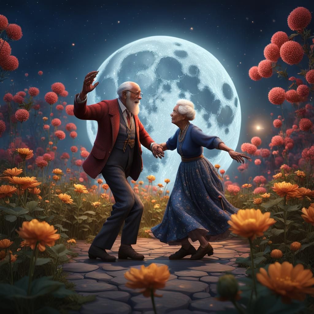 Grandparents Dancing on Flower Under Full Moon