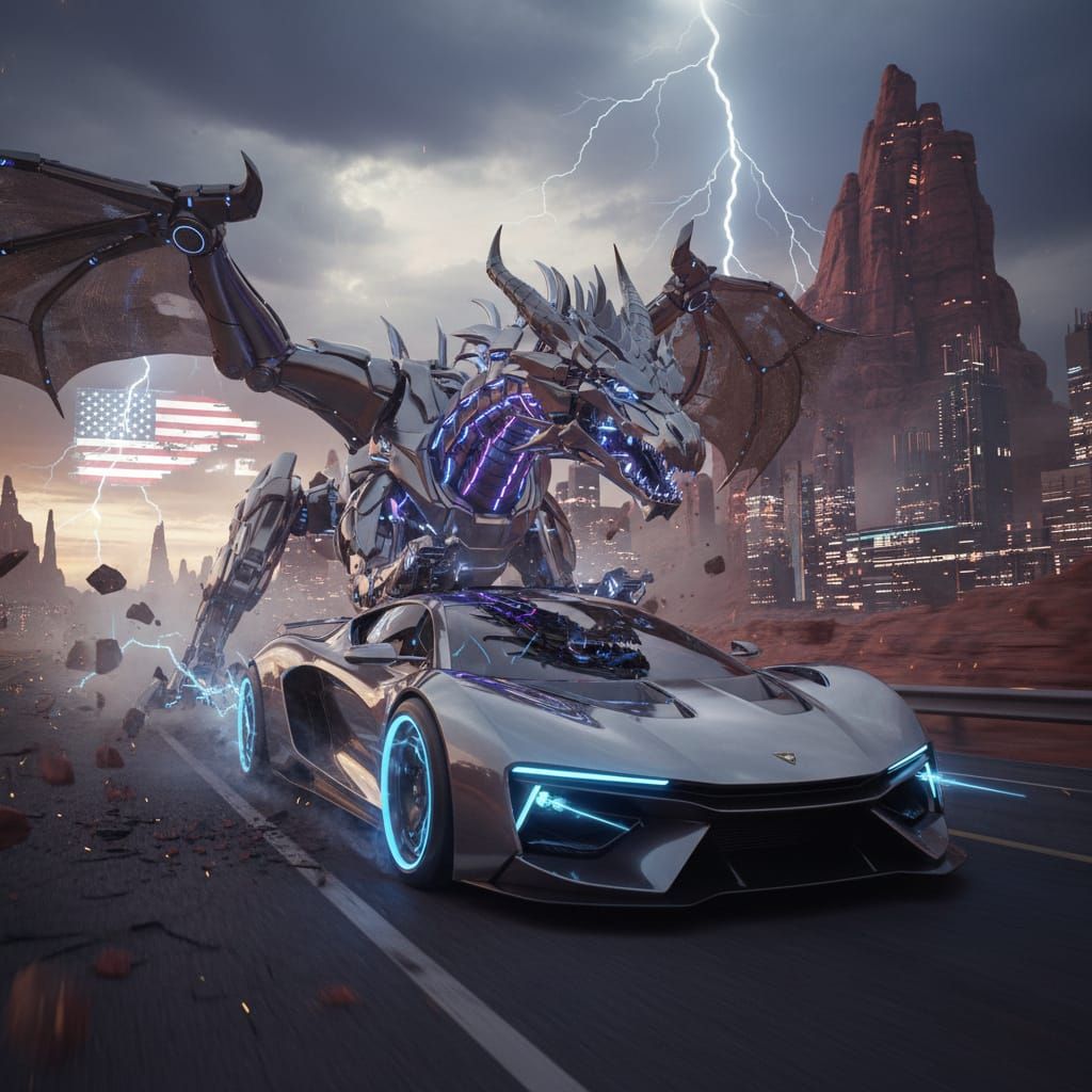 Metallic Dragon Drives Sci-Fi Car in Dramatic USA Landscape