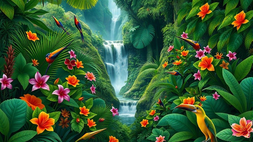 Lush Rainforest Waterfall with Exotic Flora and Fauna