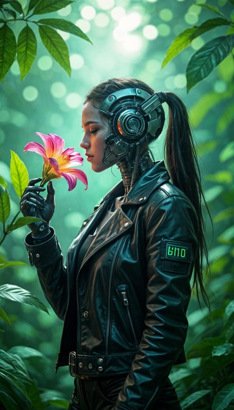 Cyborg Woman in Bio-Mechanical Jungle, Surreal Style