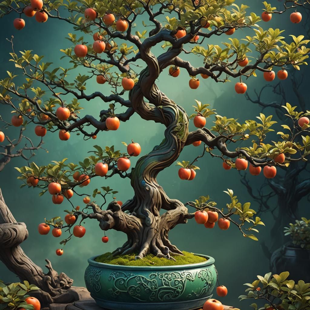 Bonsai Apple Tree with Glowing Leaves, Matte Painting