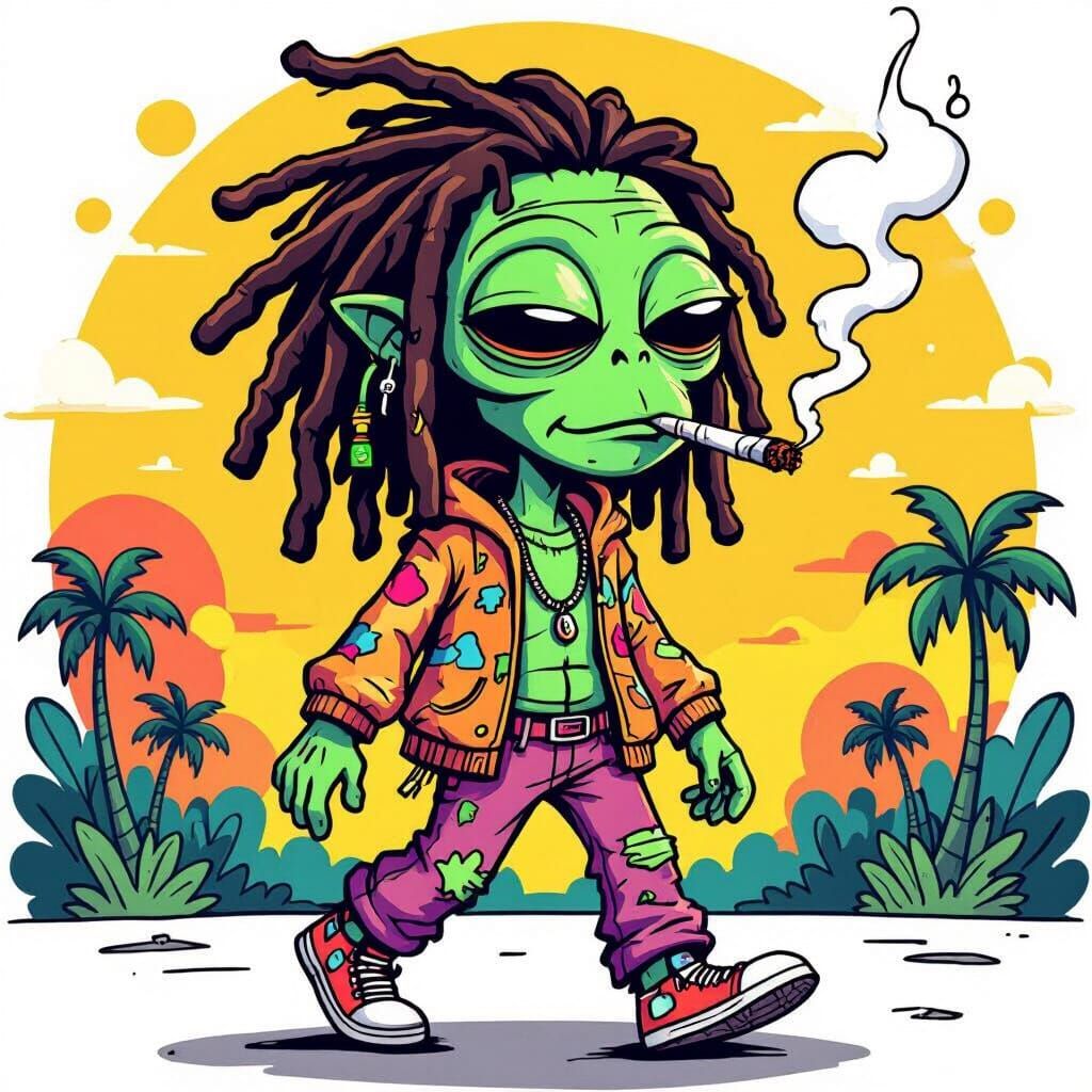 Cartoon Alien Hippy Character in 90s Style
