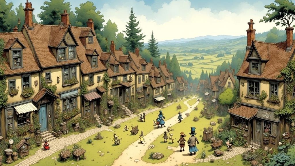 Whimsical Village Scene in Watercolor Style