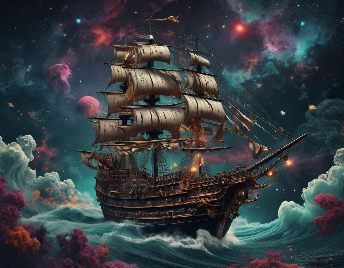 Pirate Ship Soars Through Space in Retro Sci-Fi Style