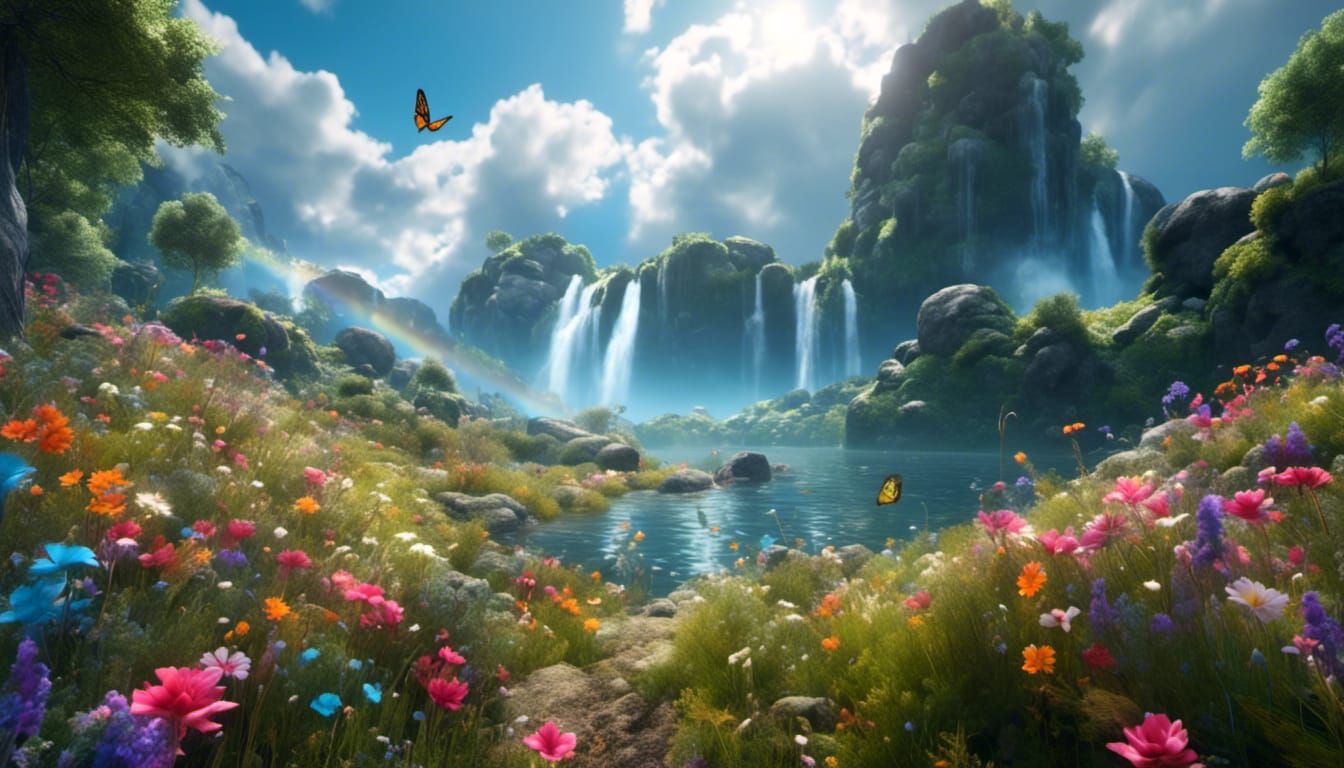 Heavenly Paradise: Realistic Landscape with Rainbow
