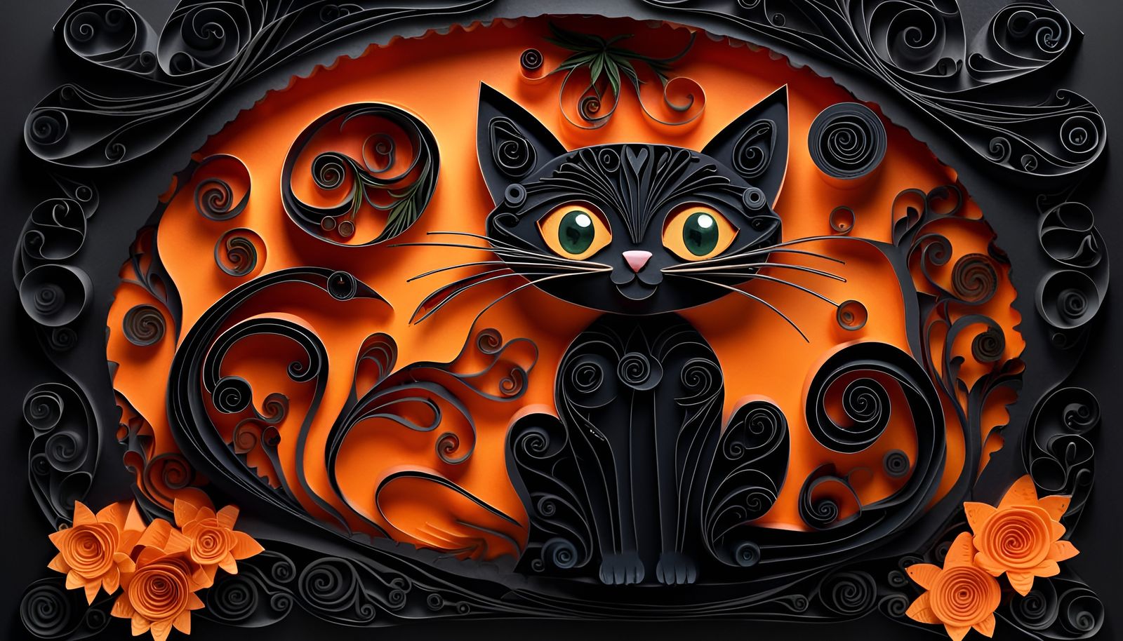 Quilled Paper Cat in Pumpkin Patch