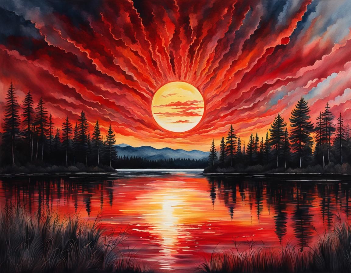 Lake Reflects Solar Eclipse: Oil, Watercolor, Ink Illustrati...