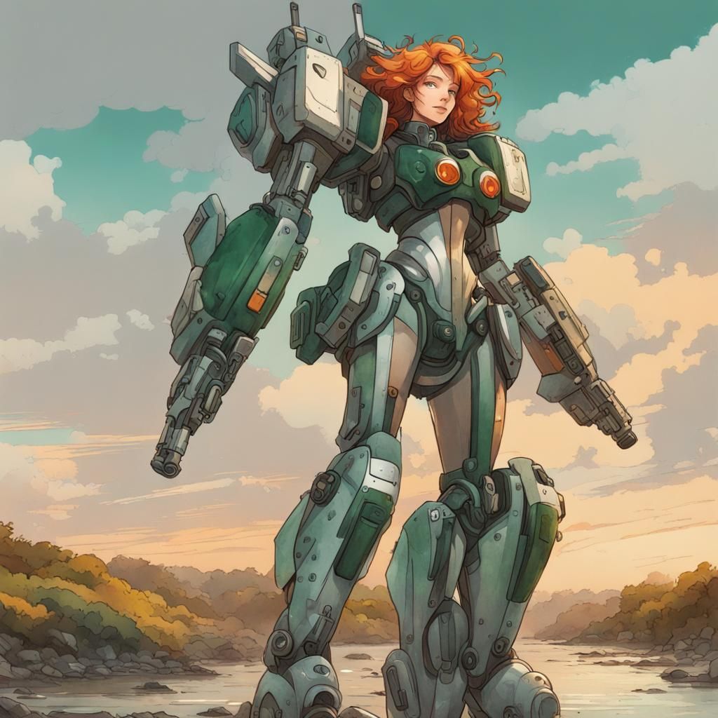 Mecha and Smiling Woman in Watercolor Style