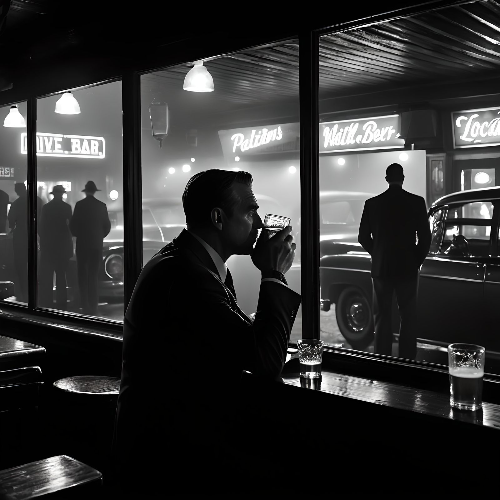 1983 Dive Bar Window: Kiss in the Rain