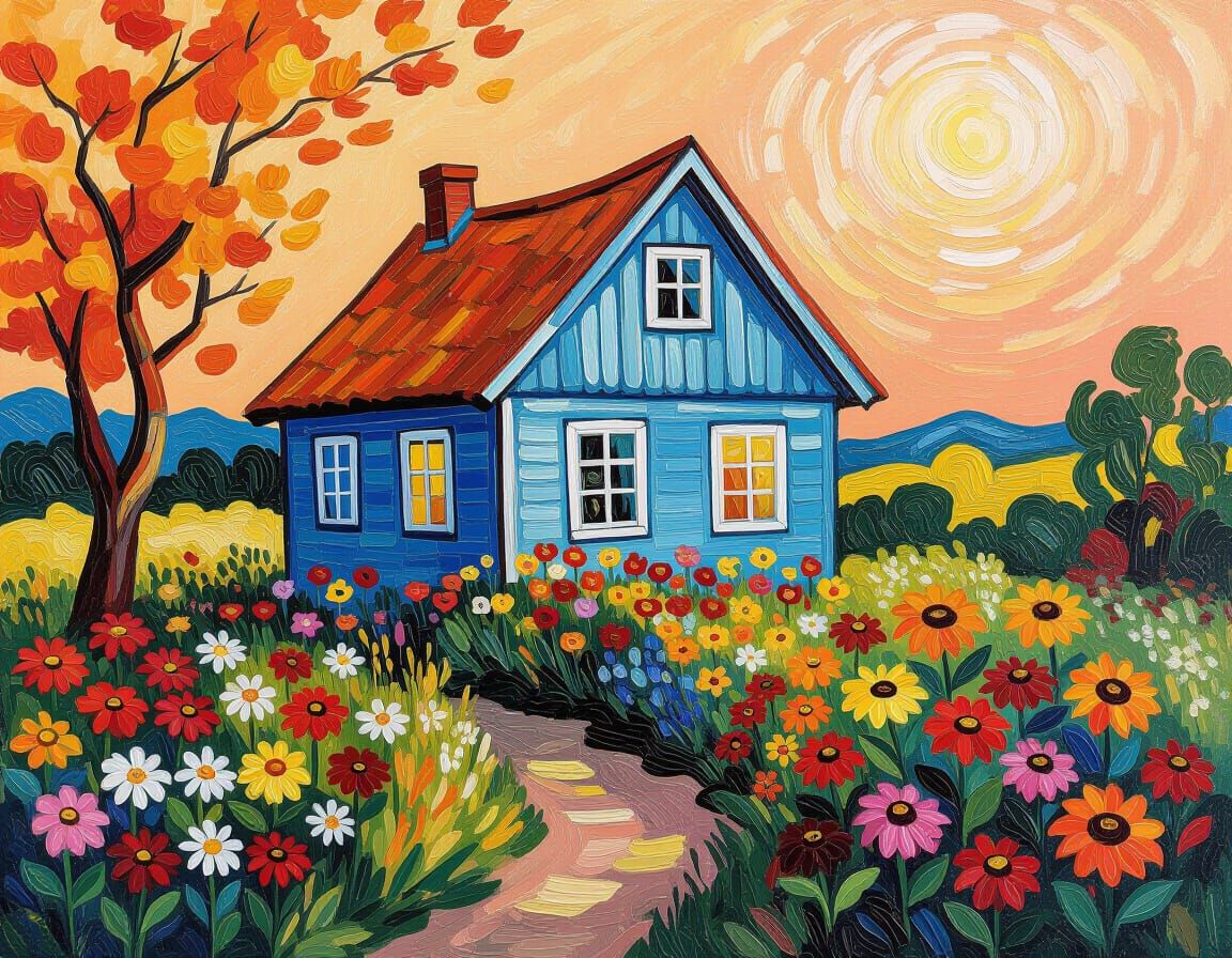 Cottage Garden in Van Gogh's Expressive Style