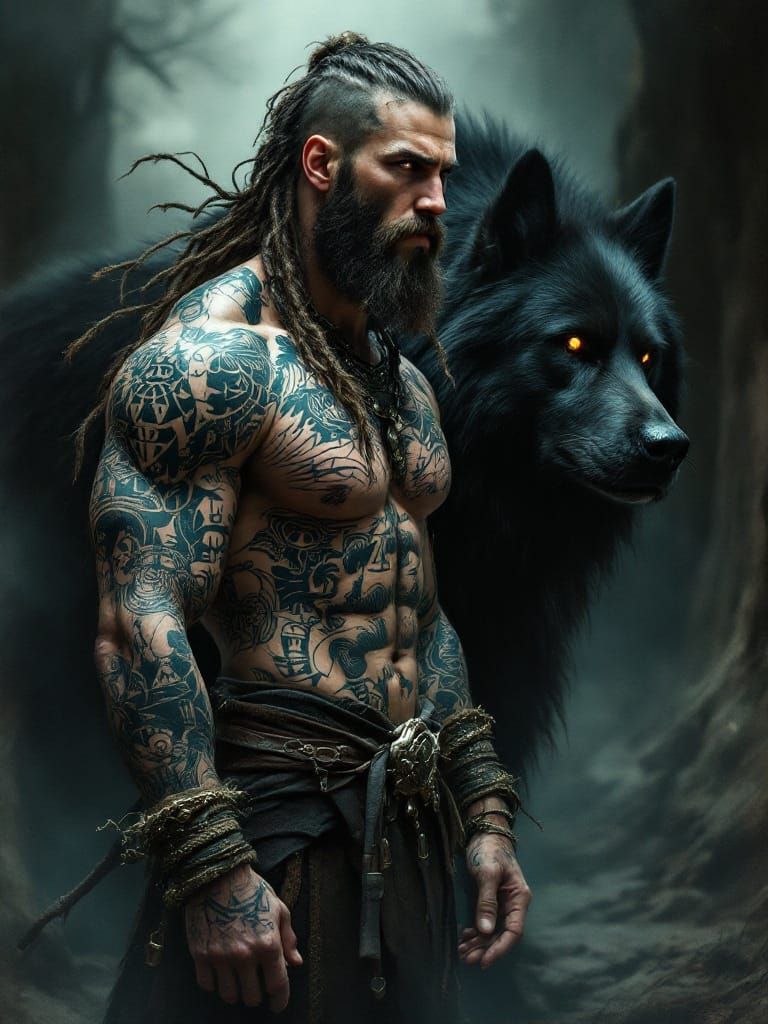 Viking Warrior with Tattoos and Black Dog in Dark Fantasy Ar...