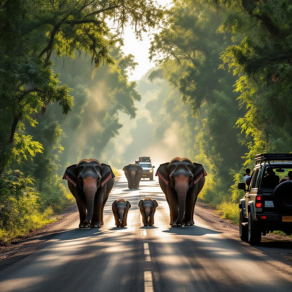 Elephants Crossing Forest Road in Cinematic Wildlife Photogr...