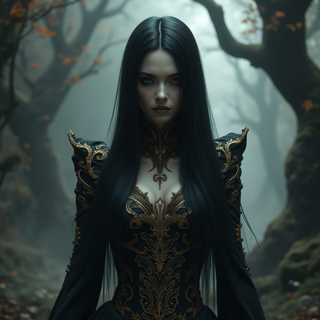 Dark Sorceress in Black and Gold Regalia