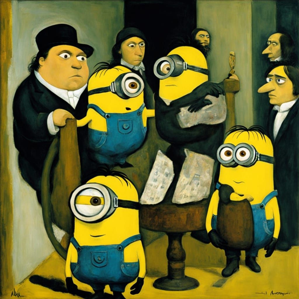 Mysterious Figure and Minions in Goya-Modigliani Style