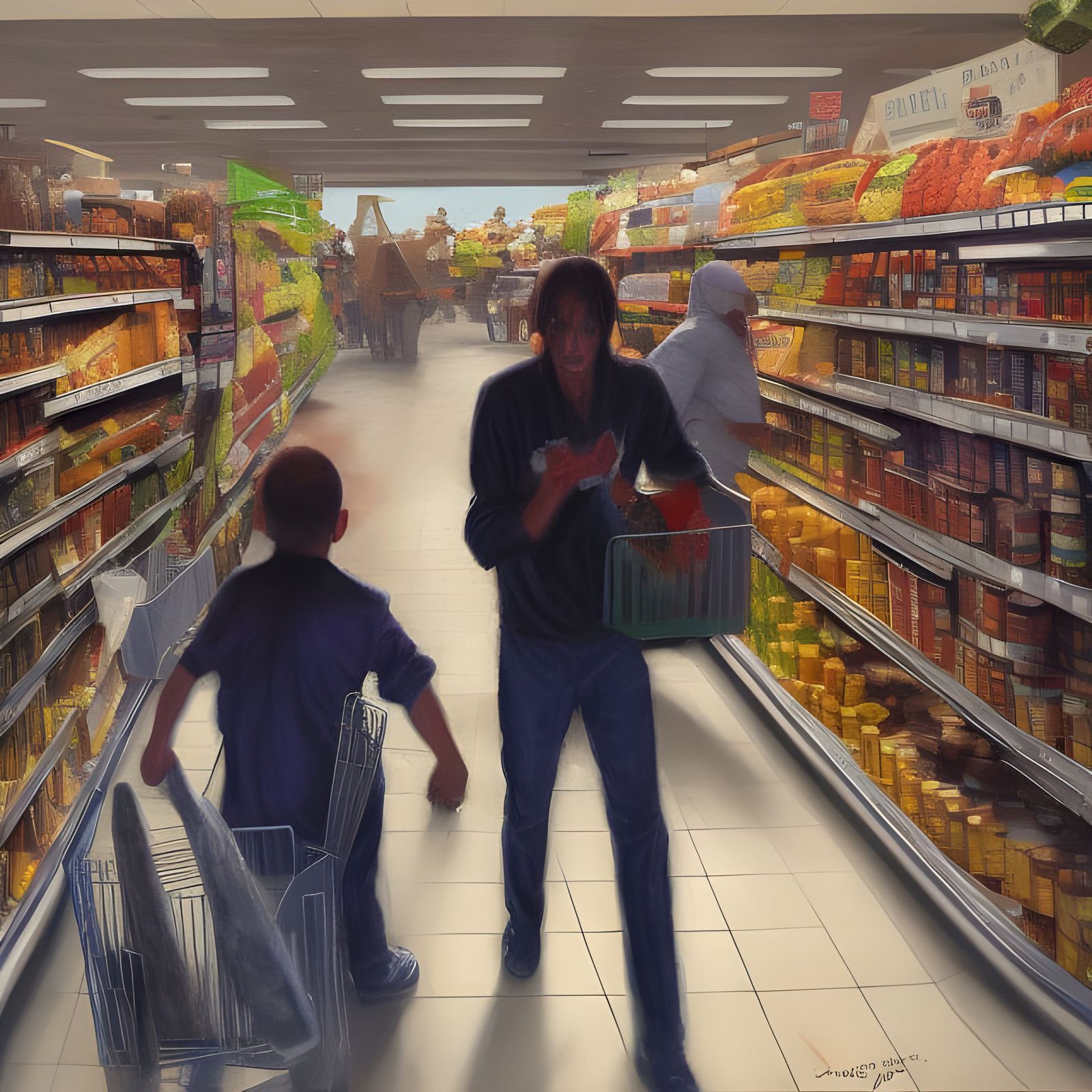 Grocery Store Mayhem: An Oil Painting