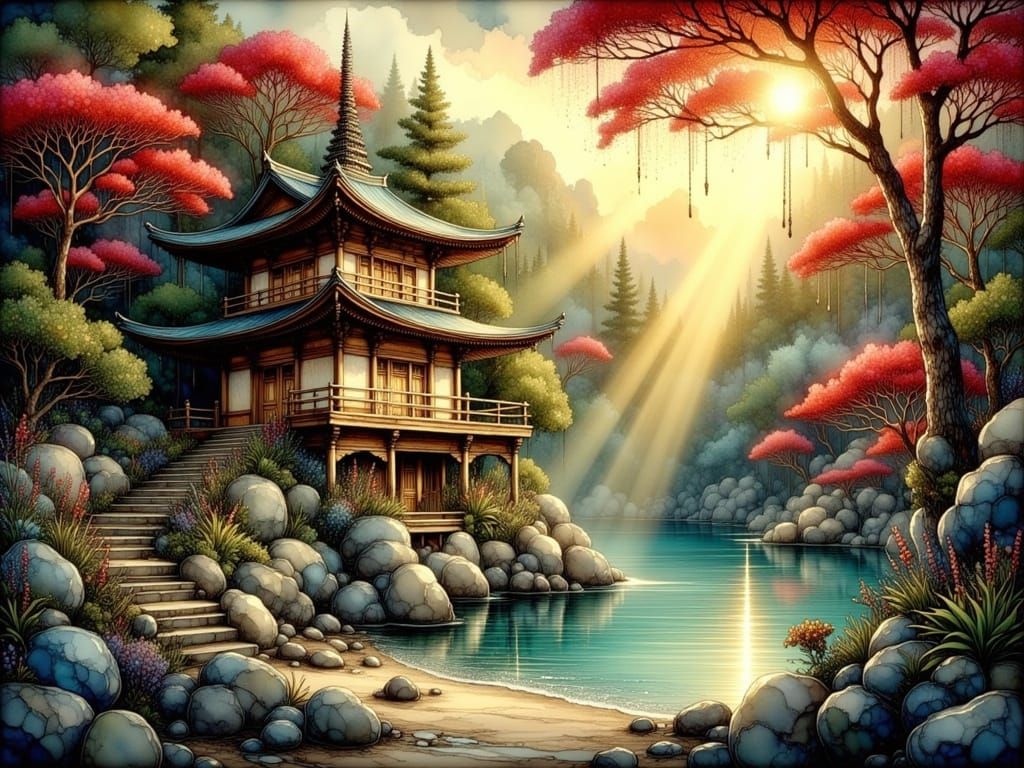 Japanese Pagoda Art Print in Fantasy Forest