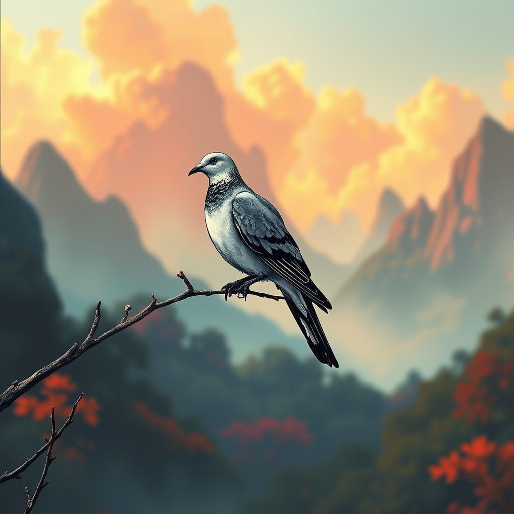 Mystical Dove in a Vibrant Fantasy Landscape, in a Style Ins...
