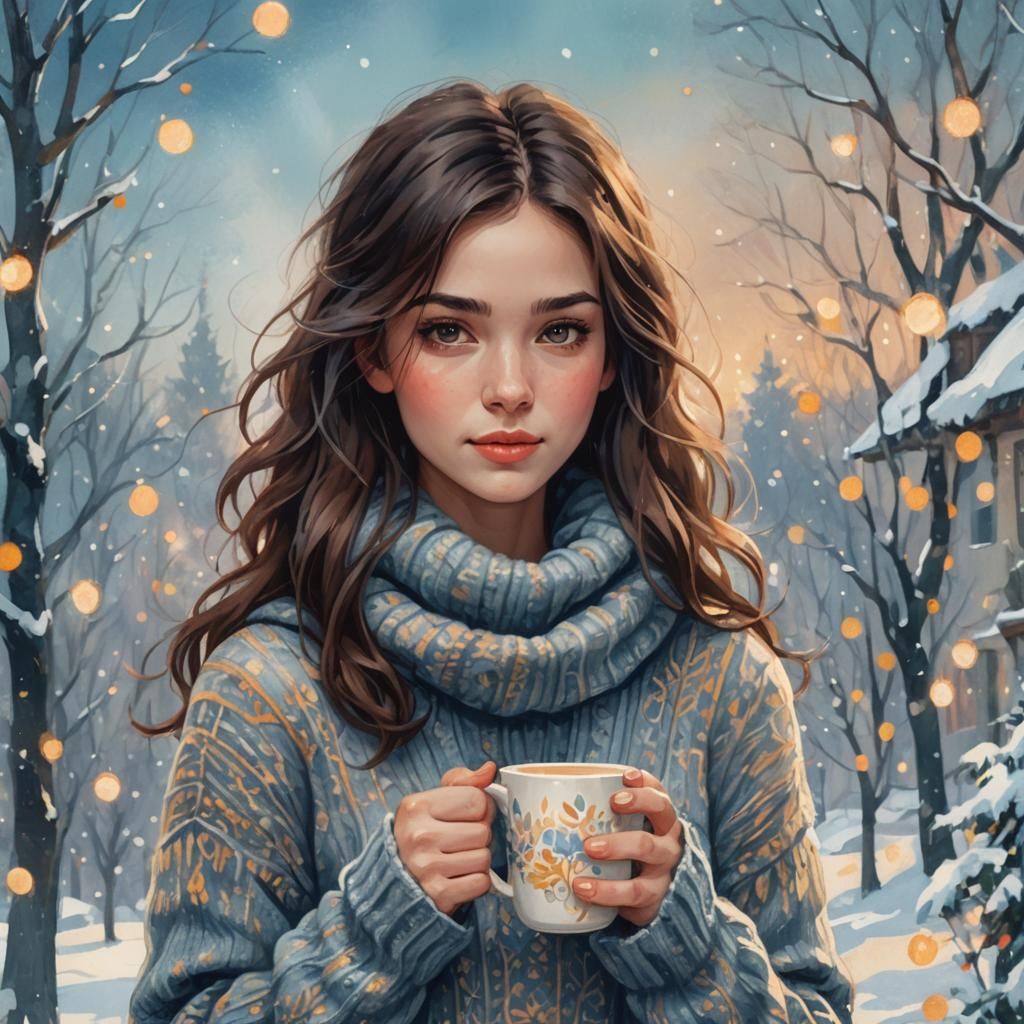 Cozy Winter Portrait in Whimsical Watercolor Style