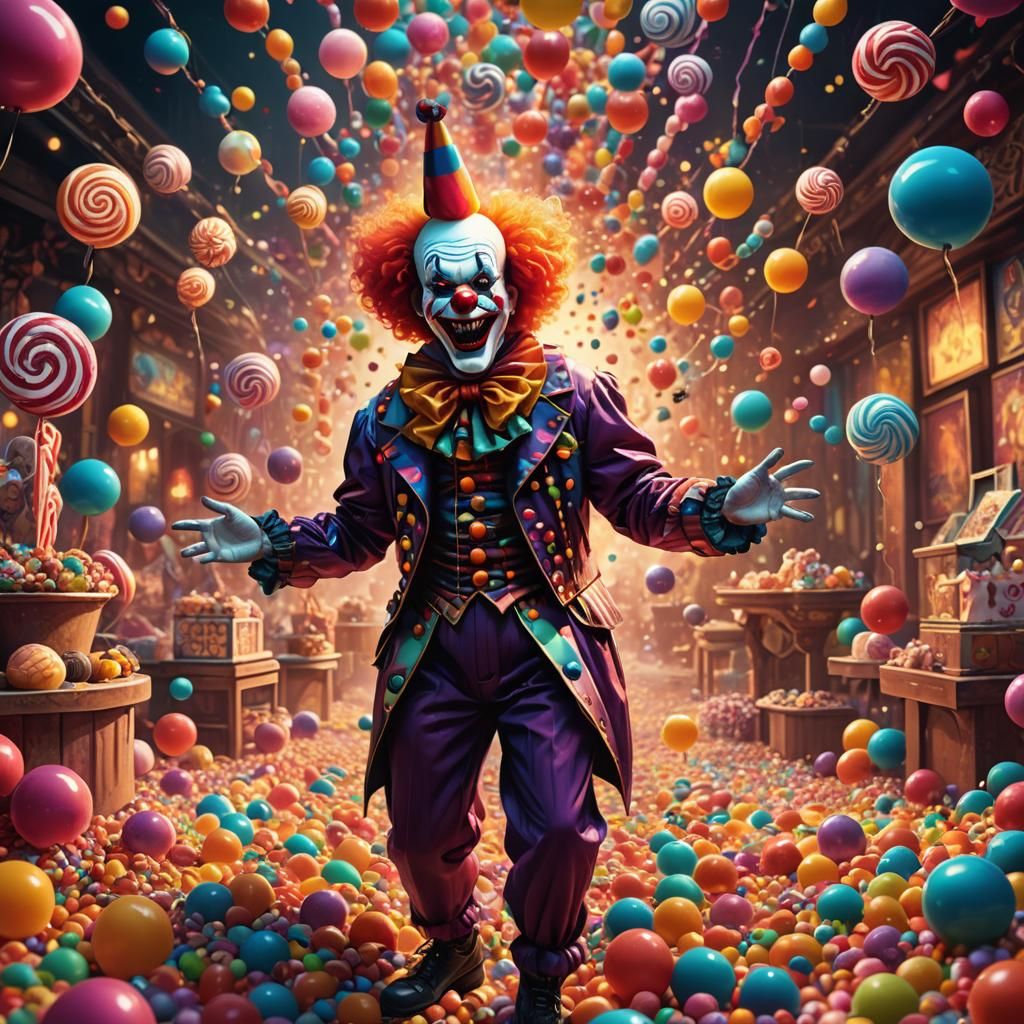 Clown Surrounded by Abstract Candy and Magic