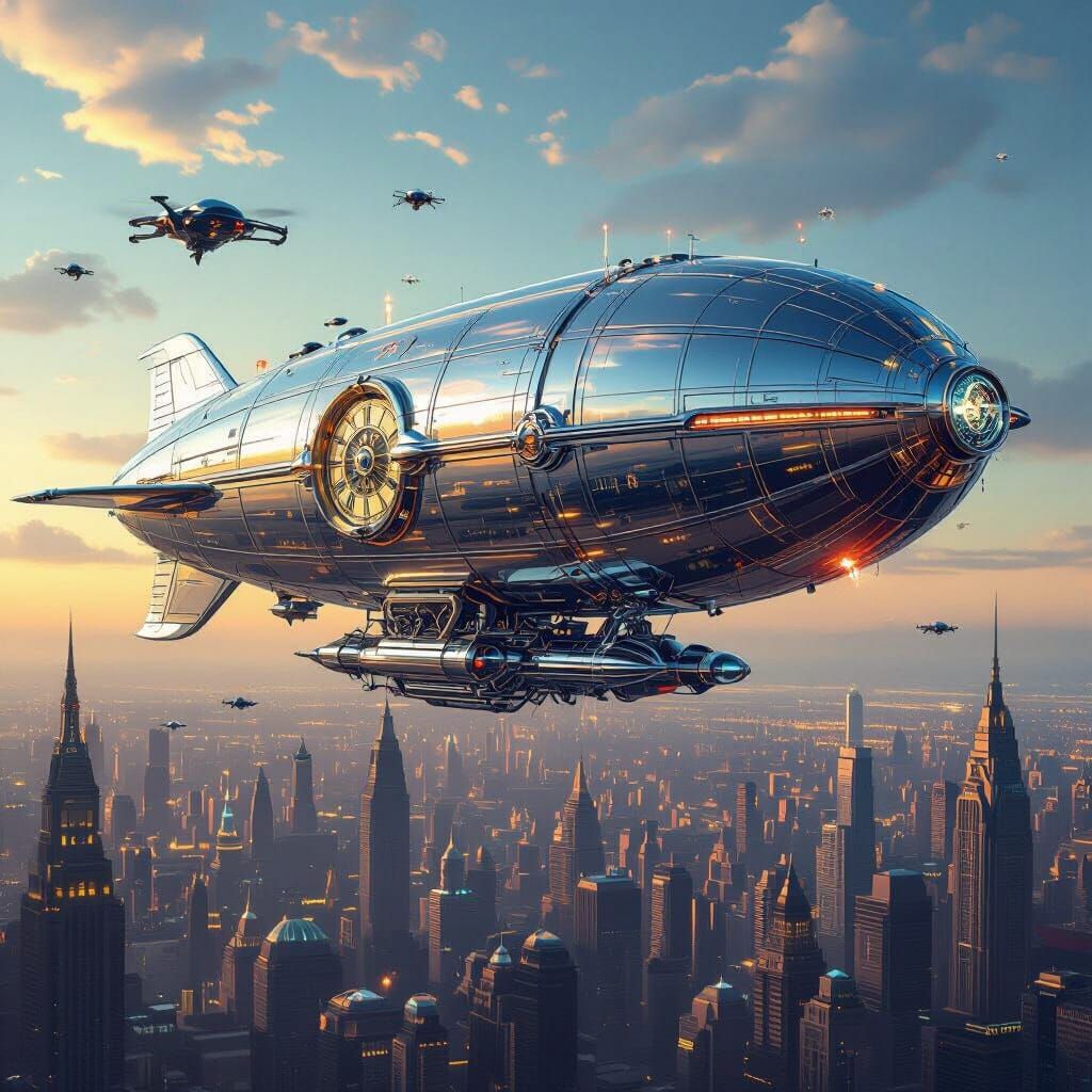 Chrome Zeppelin Over Metropolis in Art Deco Style