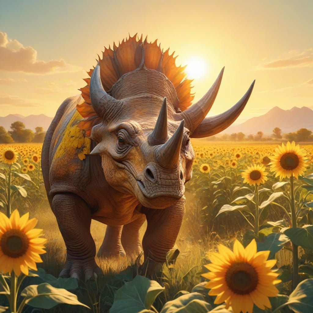 Triceratops in Sunflower Field as Impressionist Oil Painting