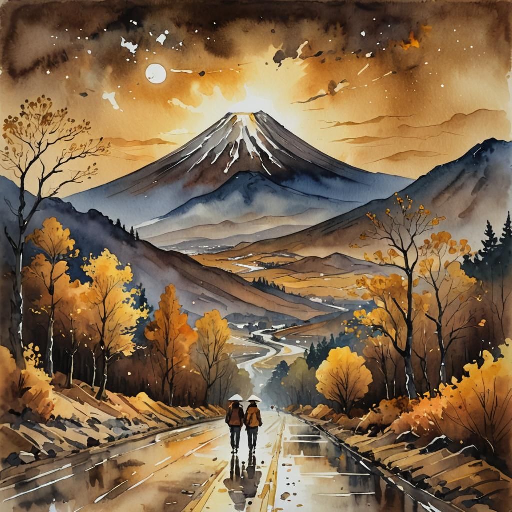 Autumn Road Watercolor Painting with Moon