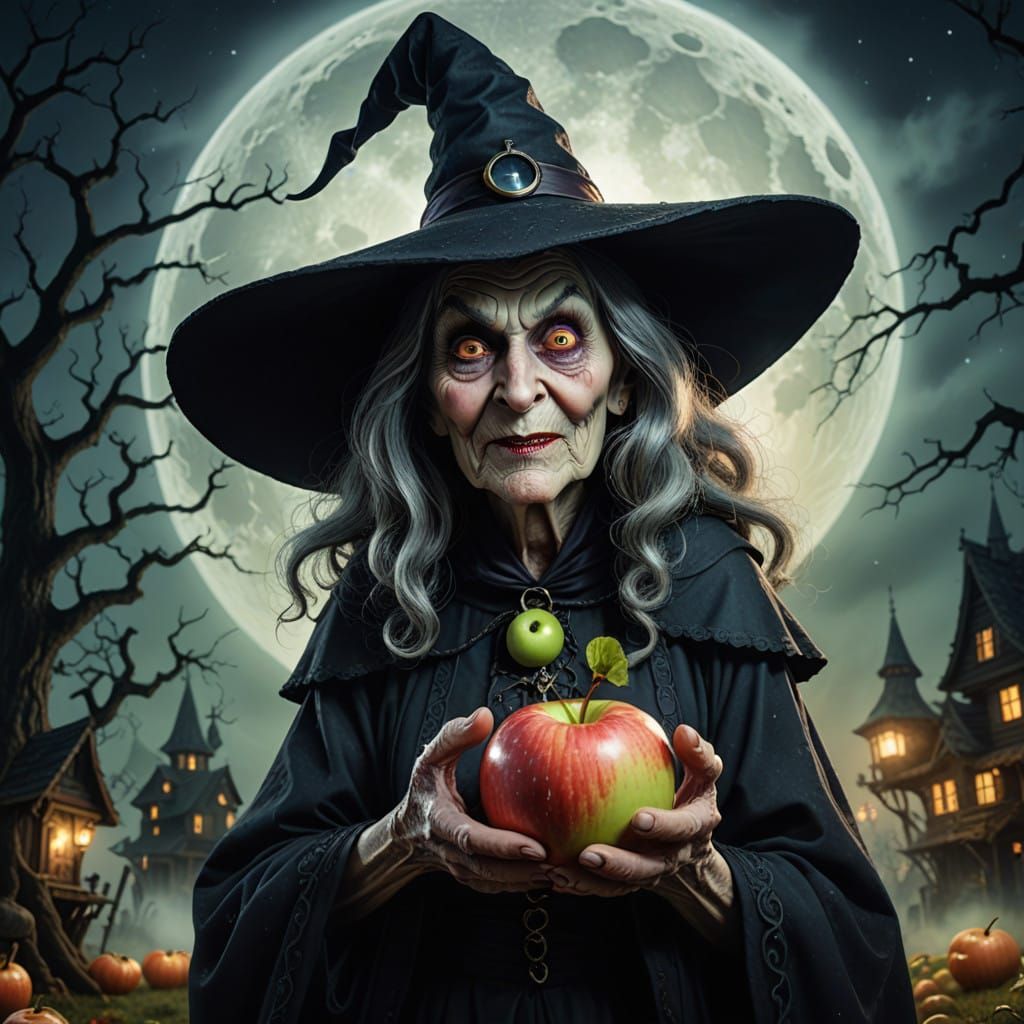 Ethereal Witch Holds Apple Under Full Moon
