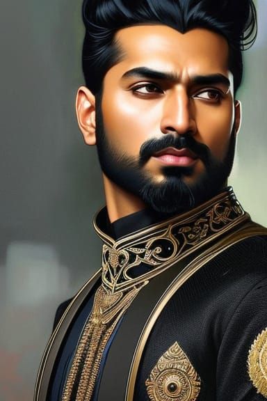 Detailed Portrait of Handsome Indian Man in Art Nouveau Styl...