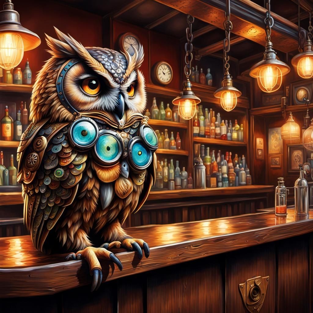 Steampunk Owl in a Bar: Hyperrealistic Concept Art