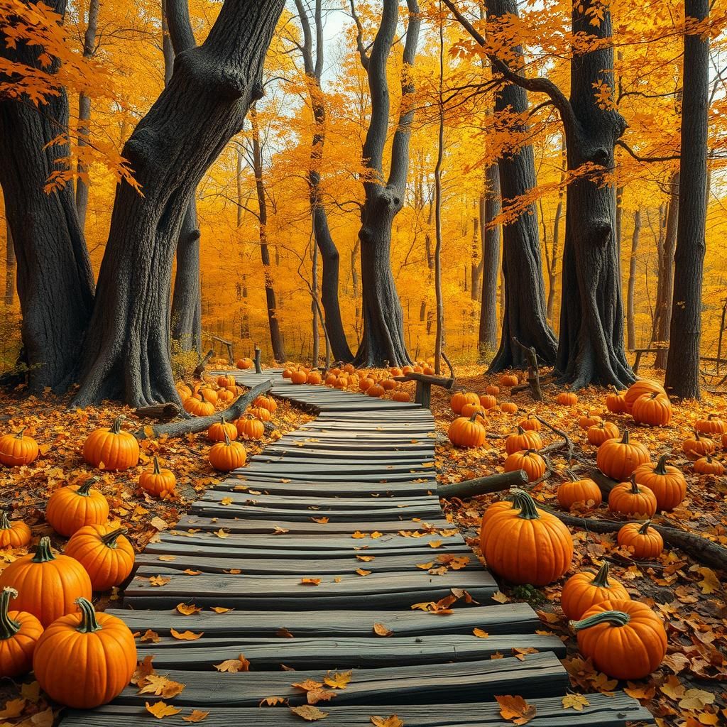 Autumn Forest Path with Pumpkins in Whimsical Style