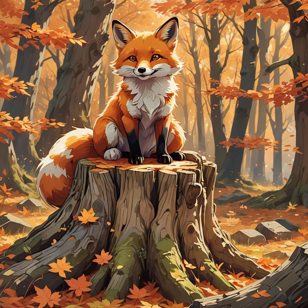 Smiling Anime Fox in Autumn Woods, Digital Art
