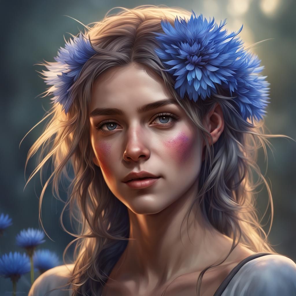 German Girl with Cornflowers: Hyperdetailed Portrait