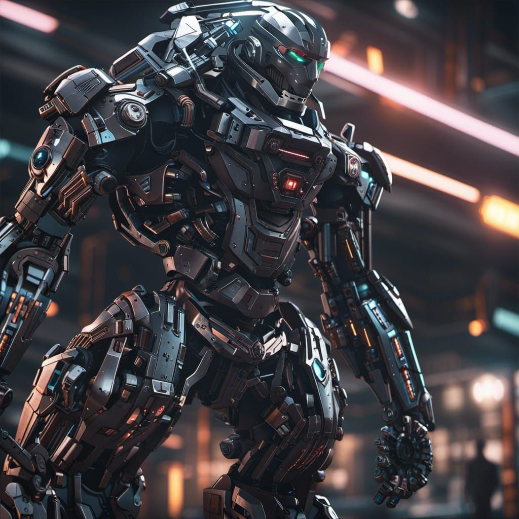 Cyberpunk Ninja Mecha Robot in Sci-Fi City