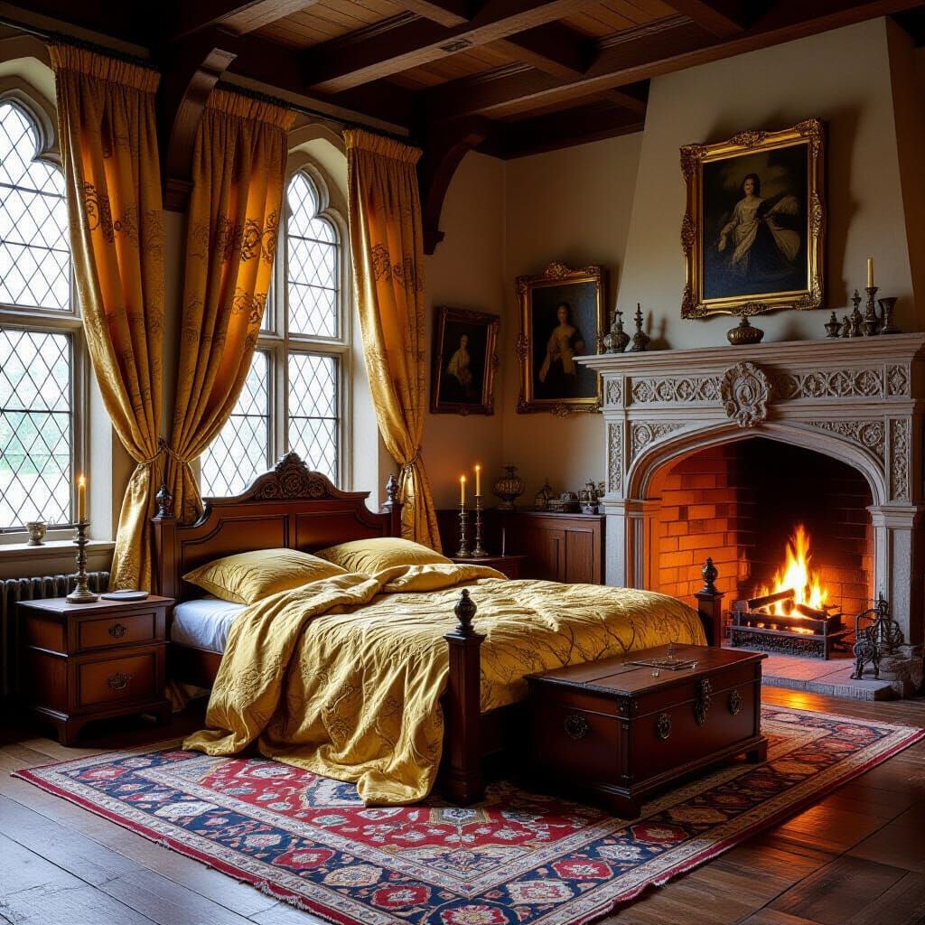 Opulent Medieval Bedchamber with Golden Details